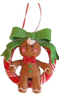 Gingerbread Man in Wreath  -  green bow