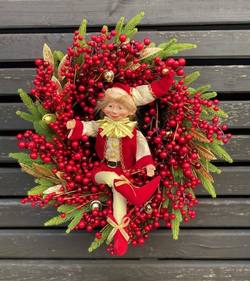 Handmade Berry Wreath  with Whimsical Elf - 20"