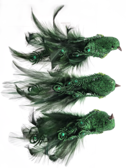 Feathered Bird on Clip, Set of 3 - Green