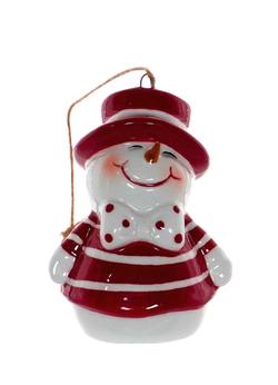 Ceramic Snowman in Red Stripes Hanging Ornament