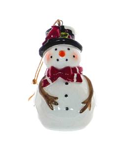 Ceramic Snowman with Twig Arms Hanging Ornament