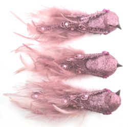 Feathered Bird on Clip, Set of 3 - Pink