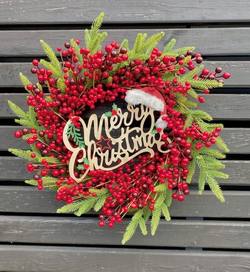 Handmade Merry Christmas Berry Wreath - 20"