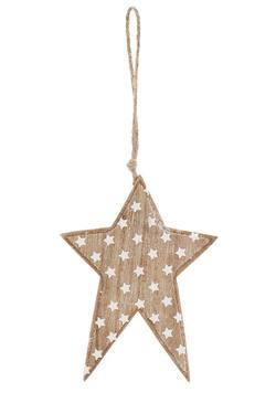 Wooden Star  Hanging Decoration - Natural/White 11cm