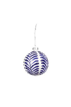 Glass White Bauble  with Blue Frond Pattern - 8cm